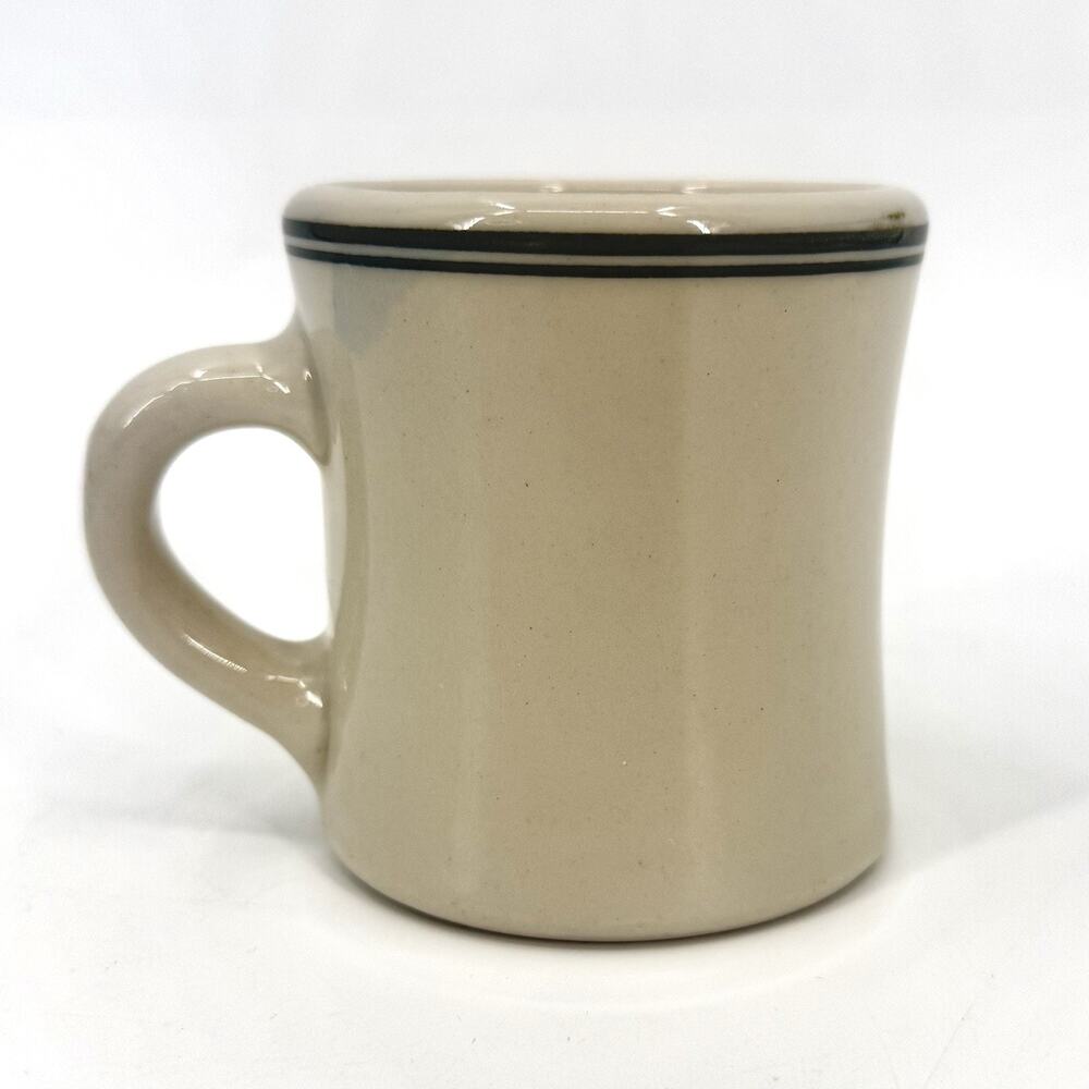 Vintage VICTOR Heavy Restaurant Diner Coffee Mug Beige w/ Green Stripes 1950’s